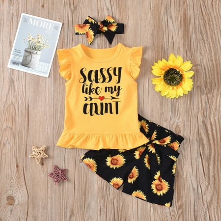 

Hunpta Shorts+Headbands Print Toddler Tops+Sunflower Girls Outfits Baby Letter Ruffles Girls Outfits&Set