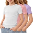 thumbnail image 3 of KyCheLot 3 Pack Ribbed Knit Tops for Girls Crew Neck Solid Color Short Sleeve T-Shirts Trendy Ruffle Trim T-Shirts, 3 of 5