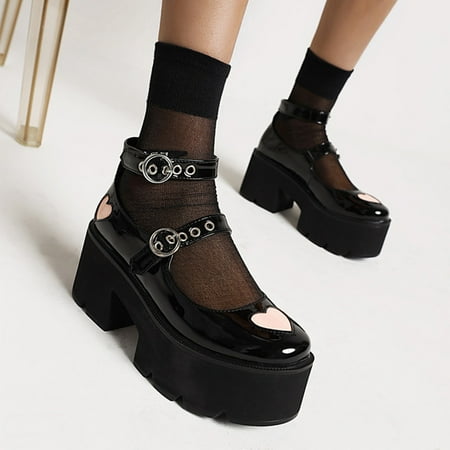 

Qepwscx Women Fashion Thick High Heels Solid Color Ankle Strap Sandals British Style Belt Buckle Heart Pattern Student Uniform Varnished Leather Shoes