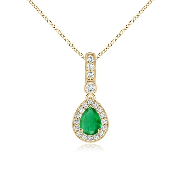 ANGARA Natural Pear-Shaped Emerald and pave Diamond Halo Pendant in 14K Yellow Gold for Women (Size-7x5mm) | May Birthstone, Birthday, Anniversary, Jewelry Gift for Women | Natural Emerald Necklace
