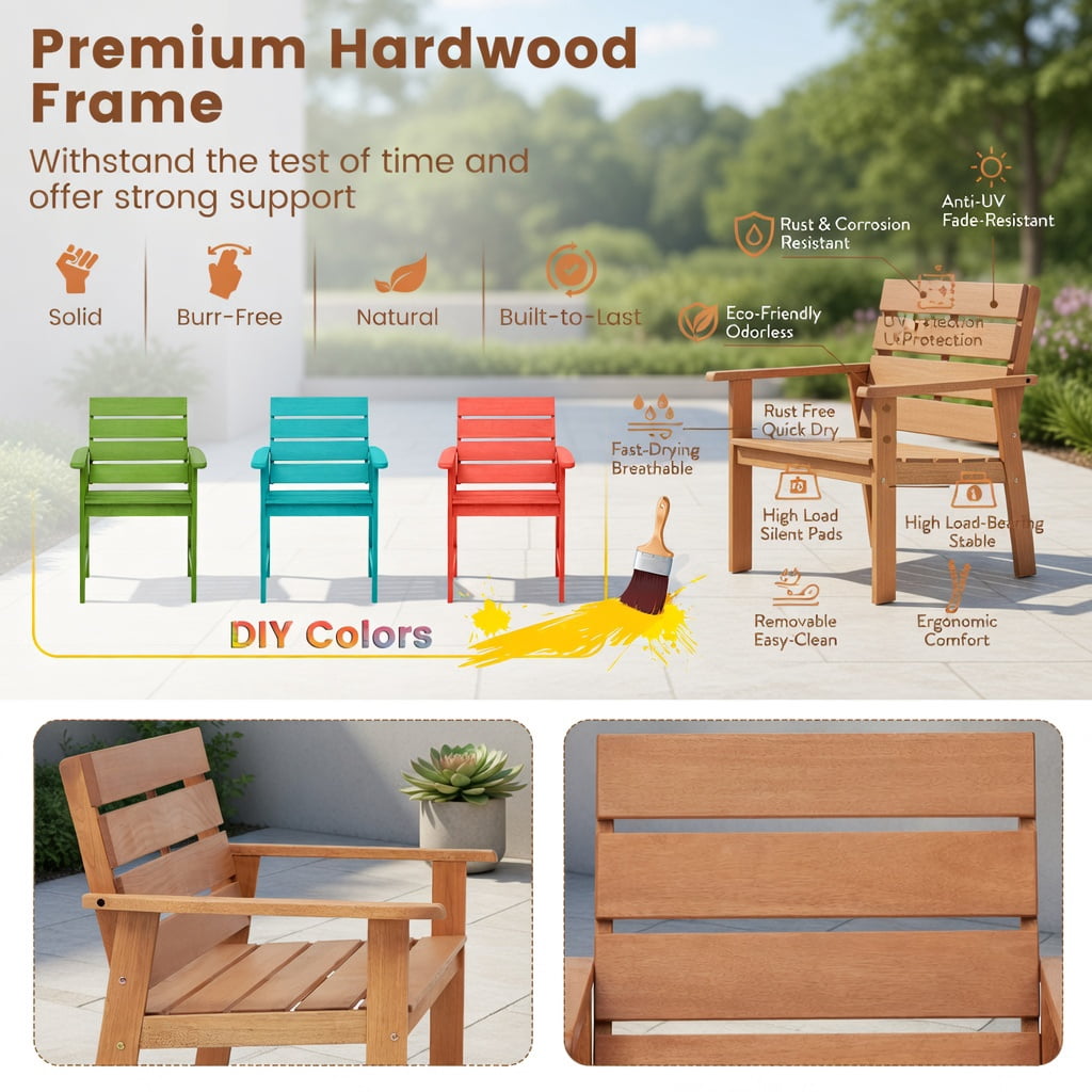 Hommoo 2-Pack Hardwood Outdoor Patio Chairs with Ergonomic 102° Slatted Backrest, Breathable, Sturdy & Easy Assembly, Natural