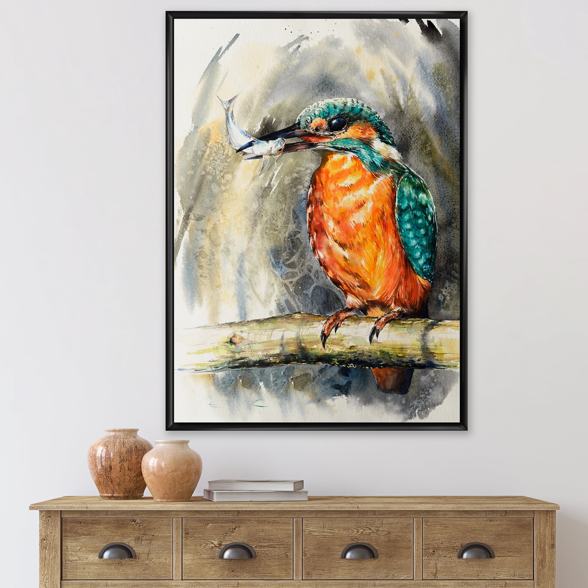 Designart 'Common Kingfisher On Branch Eating A Small Fish' Traditional Framed Canvas Wall Art Print