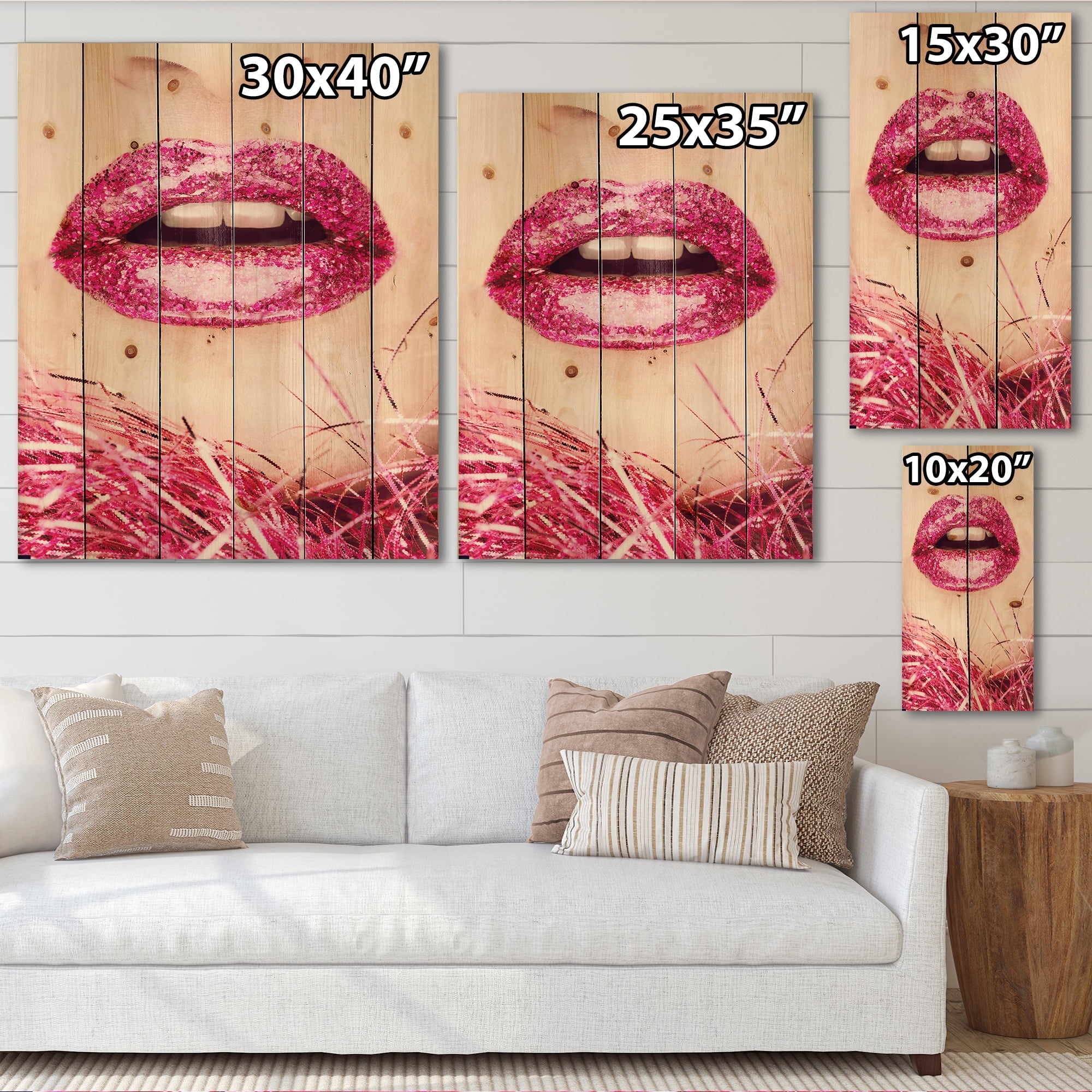 Designart 'Close-Up Of Golden Female Lips II' Modern Print on Natural Pine Wood