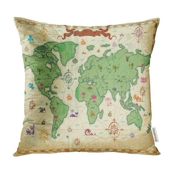 BOSDECO Retro Styled Map of The World Trees Volcano Mountains and Fantasy Monsters Raster is Pillow Case Pillow Cover 18x18 inch
