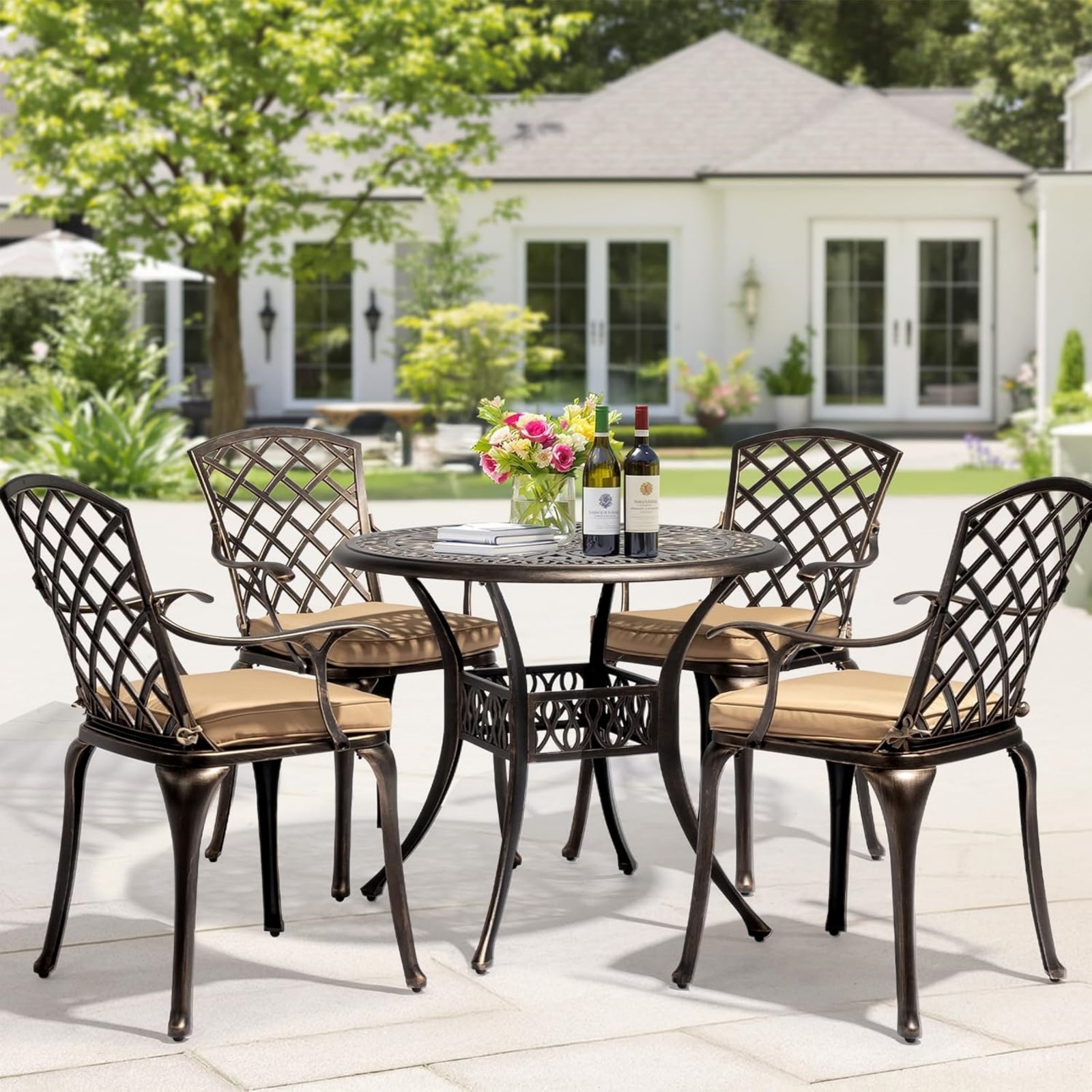 Ktaxon 2PC Outdoor Dining Chairs, Cast Aluminum Patio Chairs  for Poolside, Deck, Porch Bronze, with Cushion