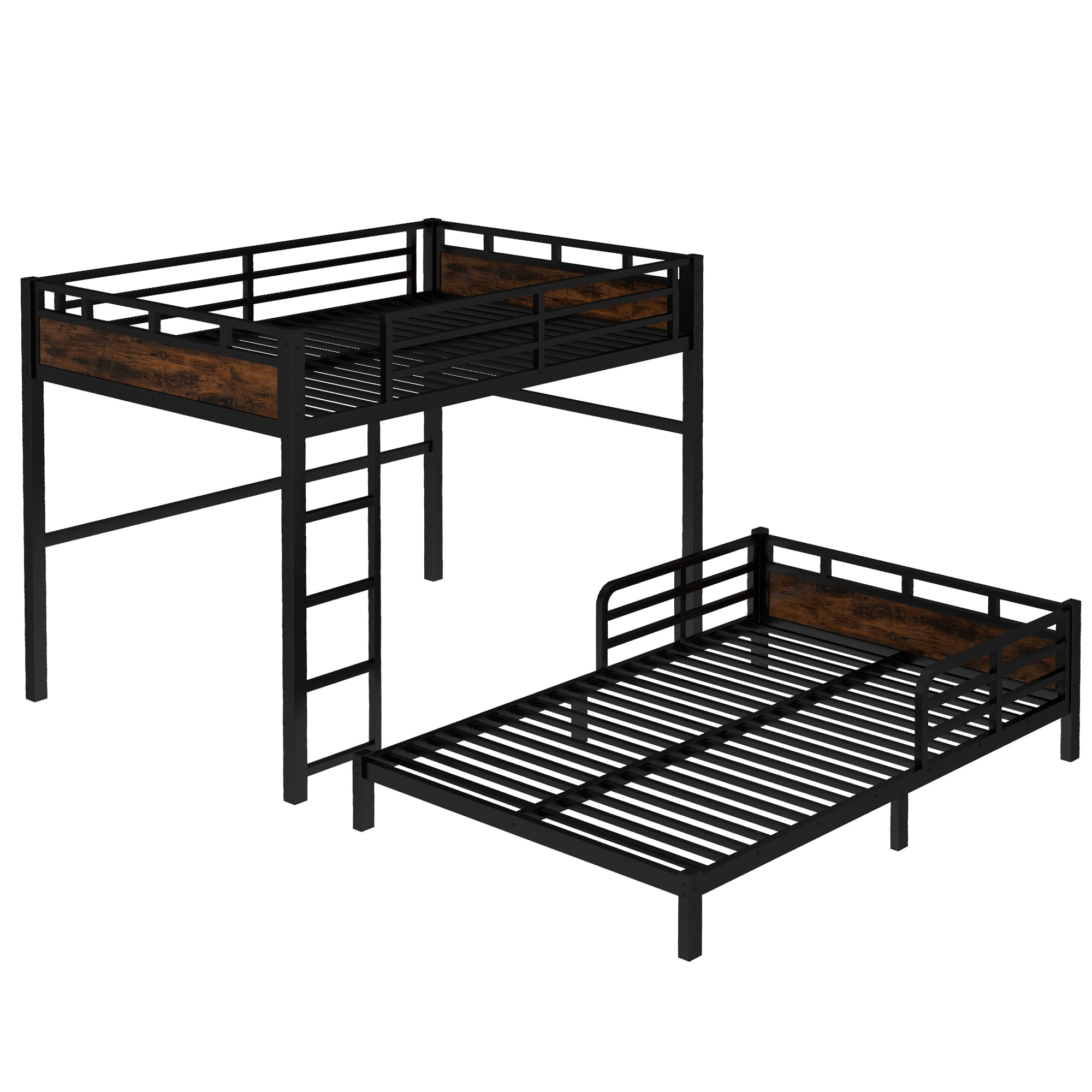 Leumius Full XL over Full XL Metal Bunk Bed,Metal Loft Bed and Metal Platform Beds with Ladder & Safety Guardrail,Black