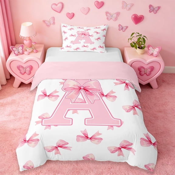 Erosebridal Initial Alphabet A Twin Bedding,Dreamy Princess Bowknot Duvet Cover Set For Bowtie Girls 2-Piece,No Comforter,Reversible