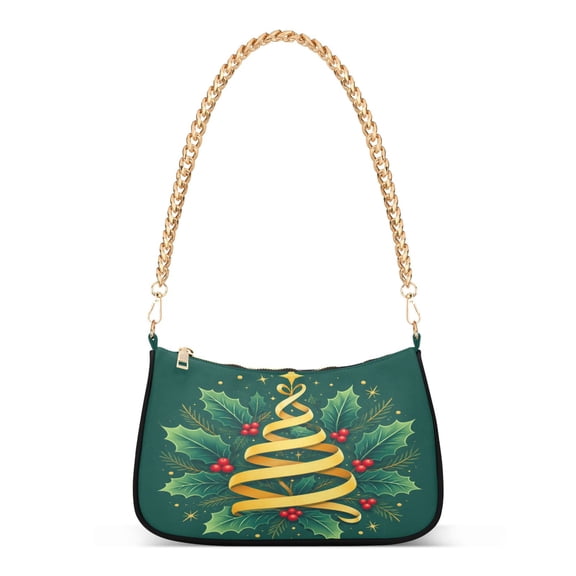 Ribbon Christmas Tree Holly Berries Women's Tote Bag Detachable Strap Chain Bag Lightweight Shoulder Purse