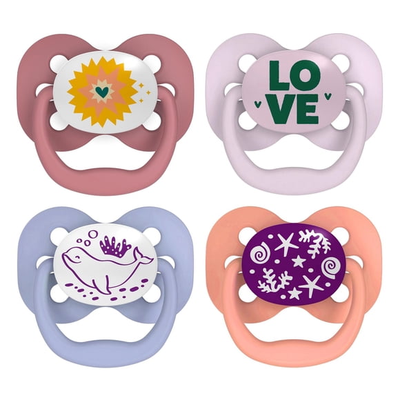Dr. Brown's Advantage 100% Silicone, Glow in the Dark Pacifier Love Purple Ocean 0-6M, 4 pack