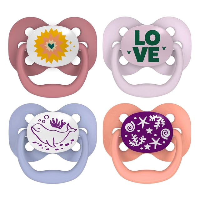 Dr. Brown's Advantage 100% Silicone, Glow in the Dark Pacifier Love Purple Ocean 0-6M, 4 pack