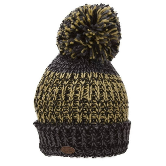 Thick Knitted Multi-Color Beanie w/ Pom - Black/Gold