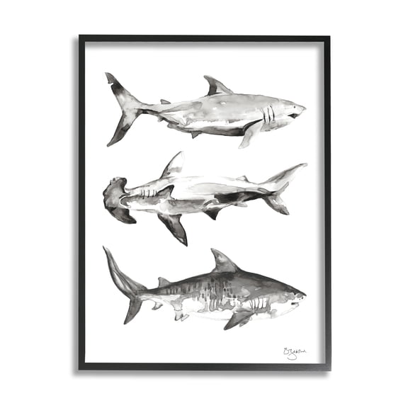 Stupell Industries Nautical Shark Trio Animals & Insects Painting Black Framed Art Print Wall Art, 11 x 14