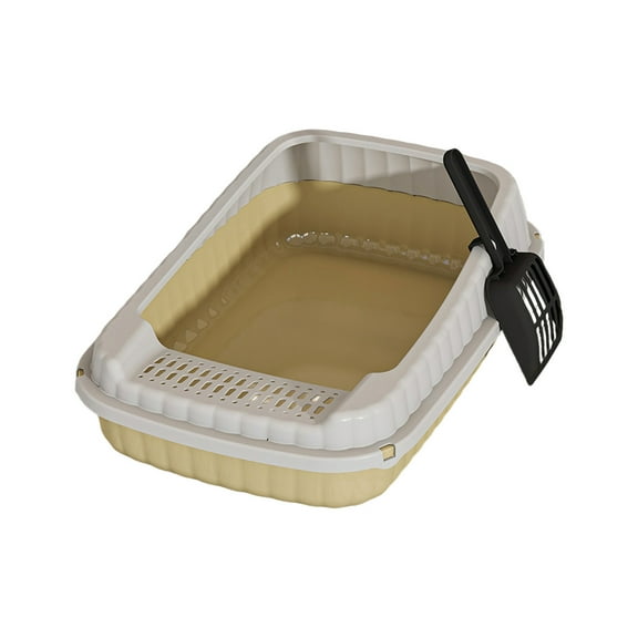 Btomtd Spacious Semi-Enclosed Cat Litter Box with High Walls, Large Litter Tray for Adult Cats, Anti-Spill Edge Cat Litter Boxes Included Litter Shovel, Beige