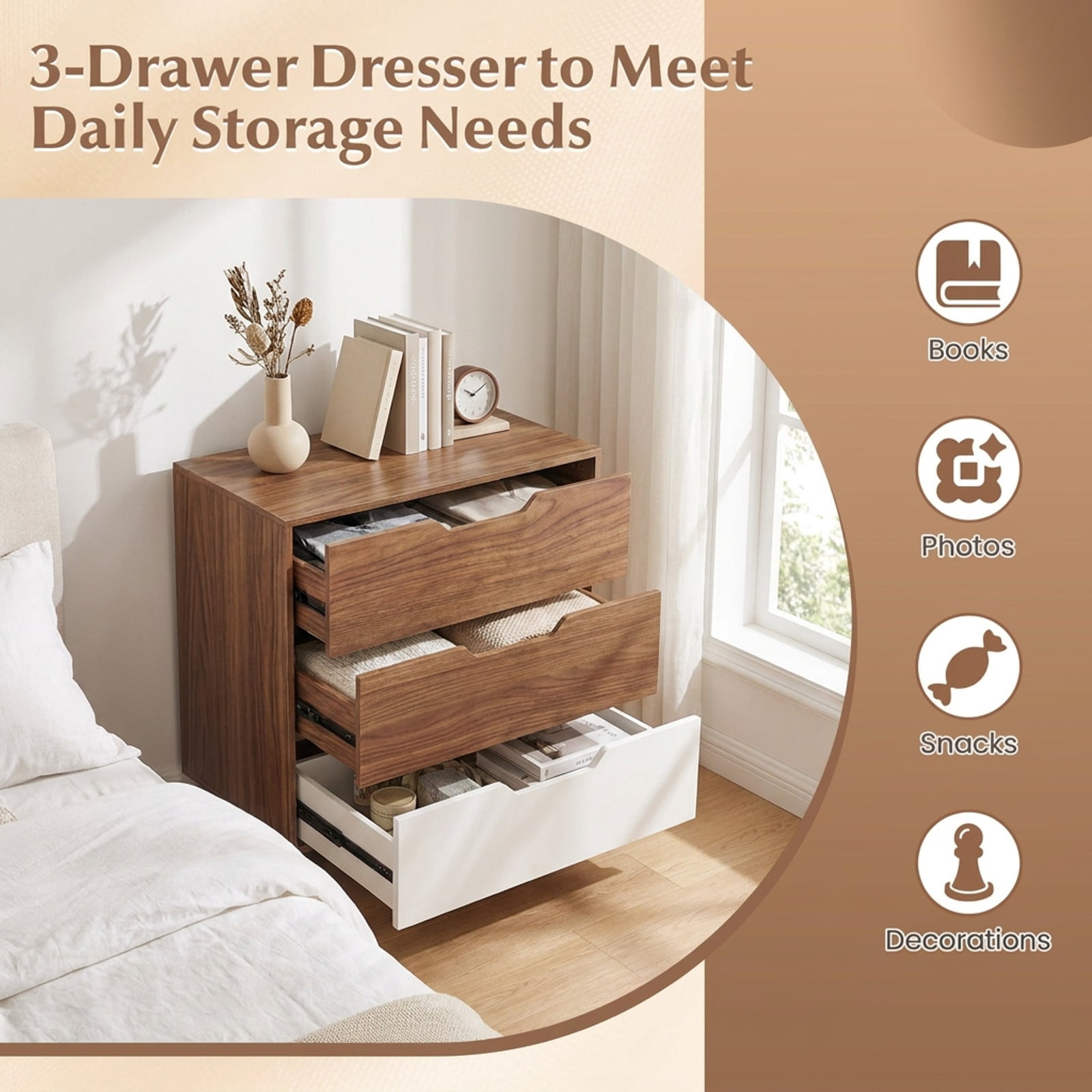 Furnibear 3-Drawer Rustic Farmhouse Wooden Storage Dresser for Bedroom Closet Living Room Nursery Clothes Storage, Walnut