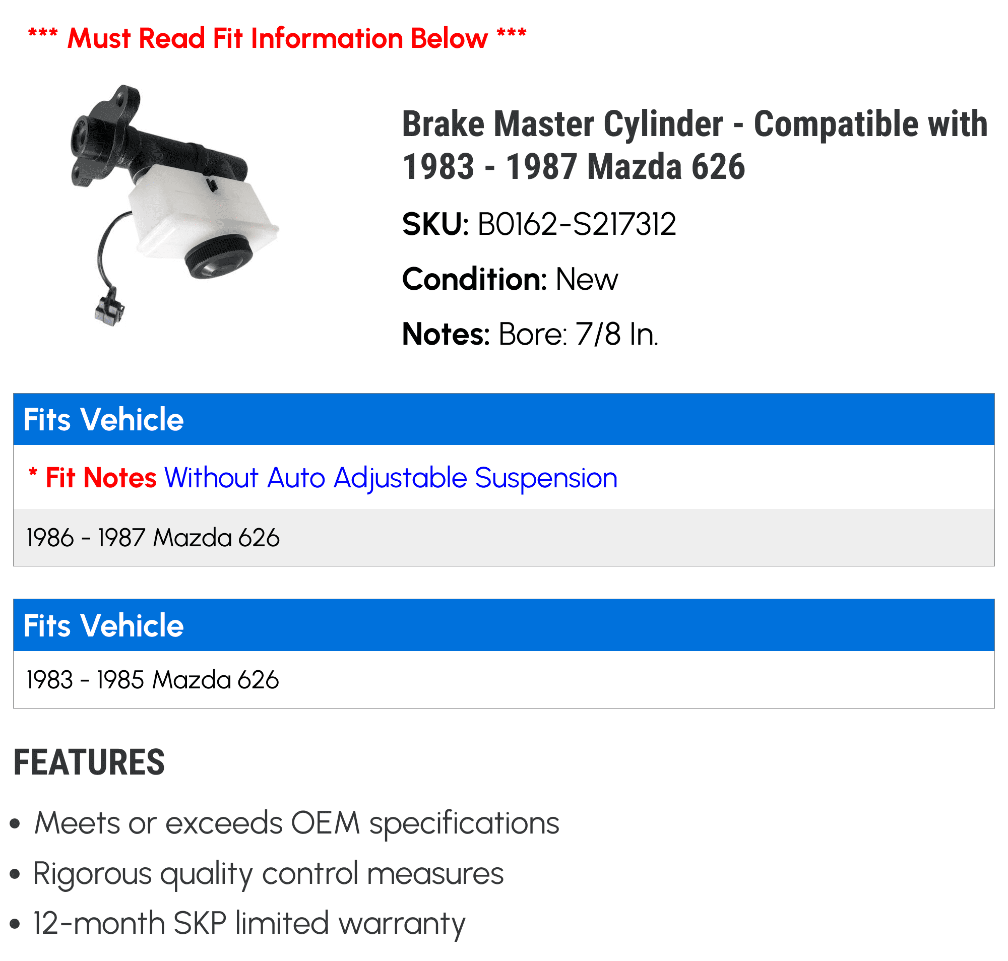Brake Master Cylinder - Compatible with 1983 - 1987 Mazda 626 1984 1985 1986