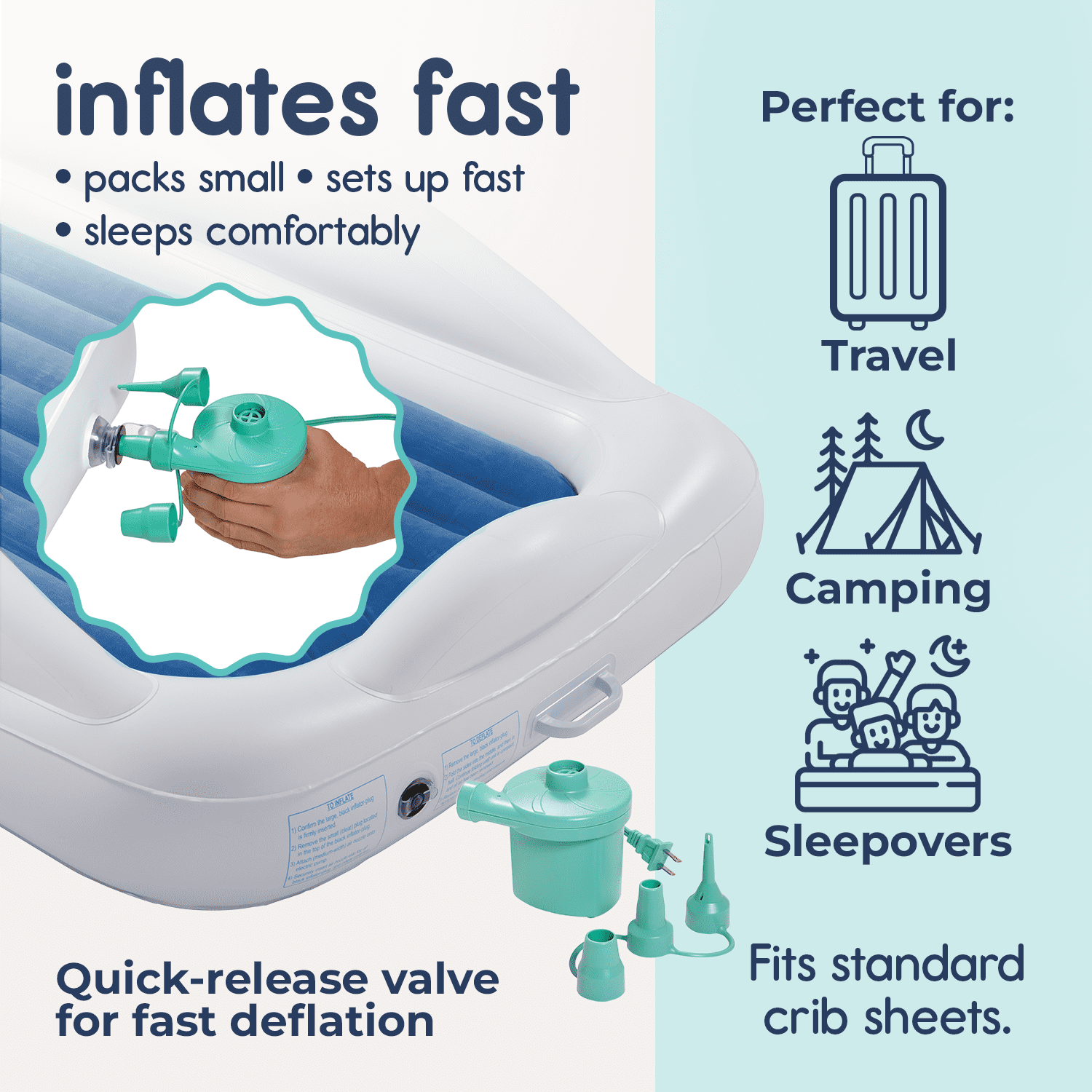 Hiccapop Inflatable Toddler Travel Bed with Safety Bumpers, 4-Sided Portable Toddler Bed for Kids, Toddler Air Mattress, Kids Air Mattress, Navy Blue