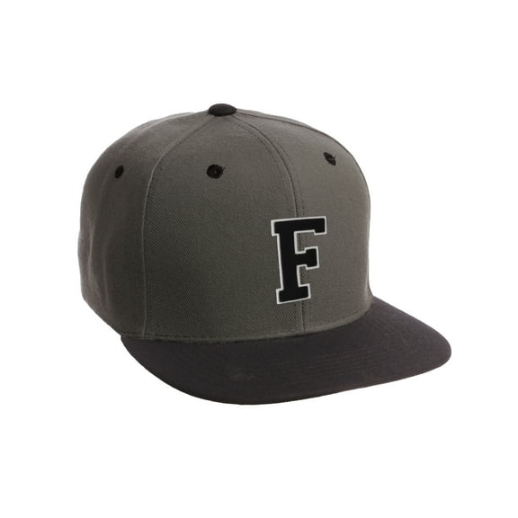 Classic Snapback Hat Custom A to Z Initial Letters, Charcoal Black Cap Wht Blk Letter Initial F