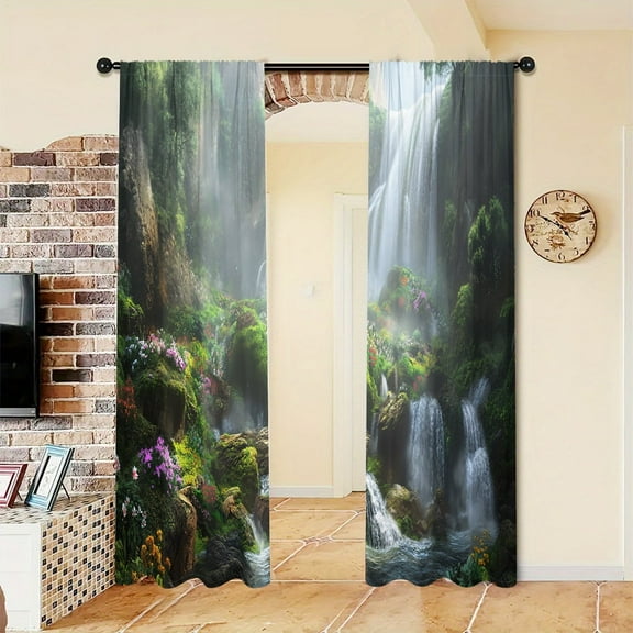 WNOOHIY Green Realistic Forest Waterfall Landscape Painting Privacy Light-filtering Window Curtains for Bedroom and Living Room, 2 Panels