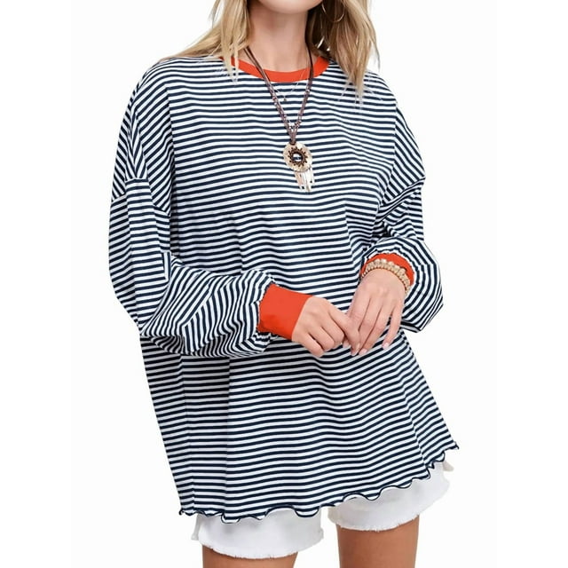 Camiseta de Larga Extragrande para Mujer, Túnica A Rayas con Bloques de Color, Sudadera Holgada de Otoño con Cuello Redondo Naranja y Rojo M
