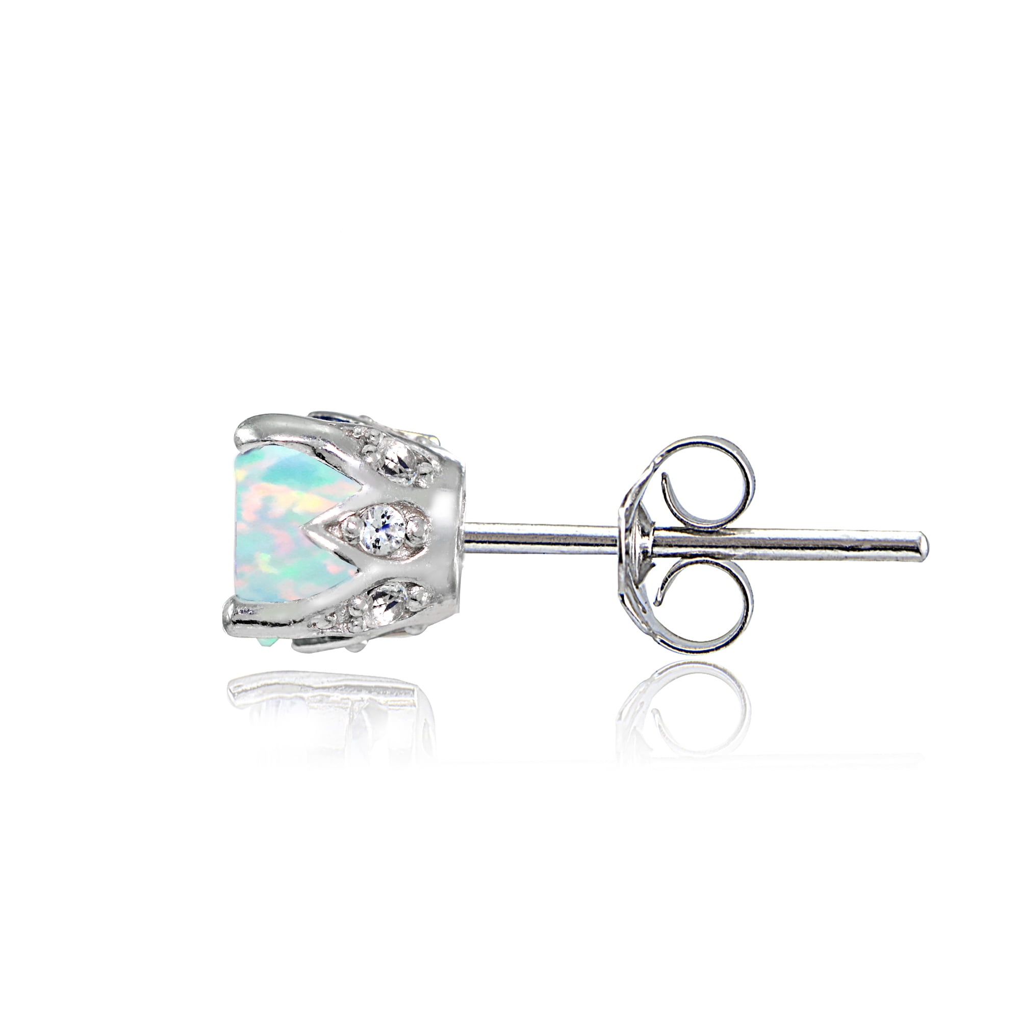 Simulated White Opal and White Topaz Sterling Silver Crown Stud Earrings