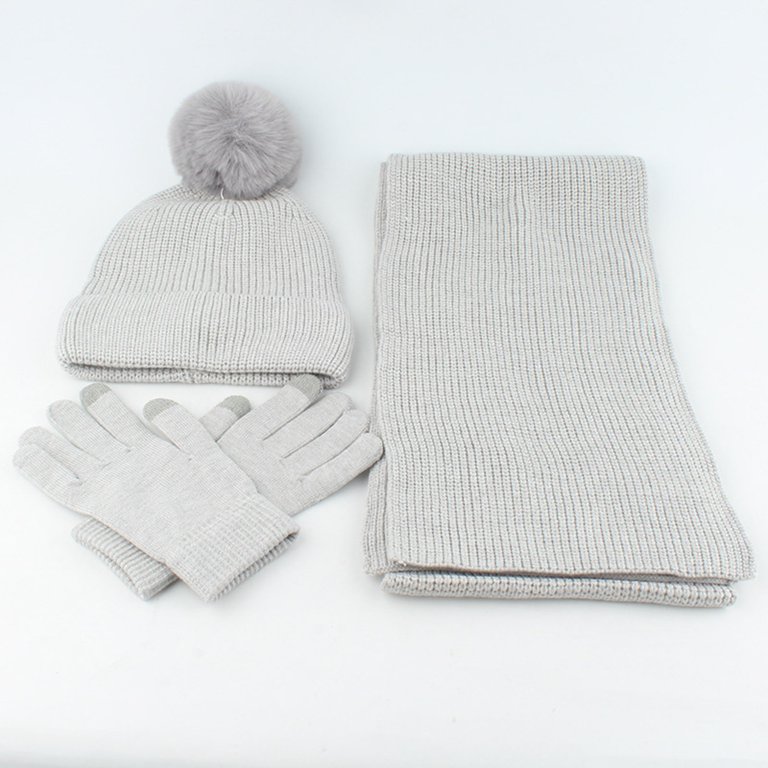 Winter Warm Knitted 4-in-1 Set Hat Scarf Gloves Ear Warmer Men Women URATOT Winter Warm Knitted Sets Beanie Pompom Hat Scarves  main image 4