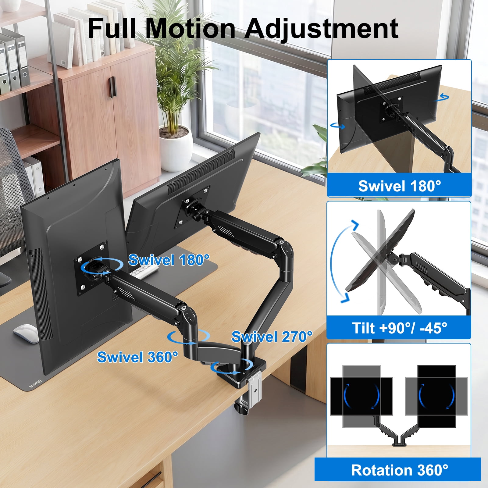 HOMOUNT Dual Monitor Mount Stand for 13-32 inch, Gas Spring Monitor Arm for 2 Monitor, Dual Monitor Desk Mount with Tilt, Swivel, Rotation,Each Arm Holds Max 19.8 lbs