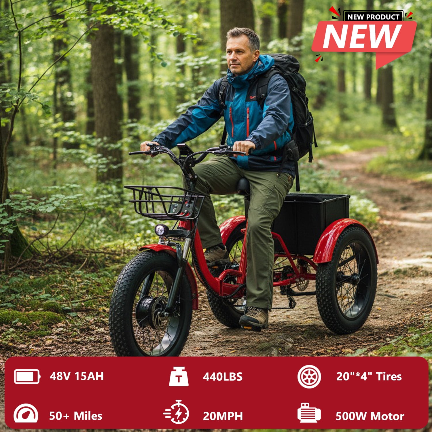 BROOBEY 20" Folding Electric Trike for Adults – 500W Motor, 48V 15Ah Long Range Battery, Fat Tire 3-Wheel E-Bike with Cargo Basket, Step-Thru Cruiser for Seniors, Men & Women, Red