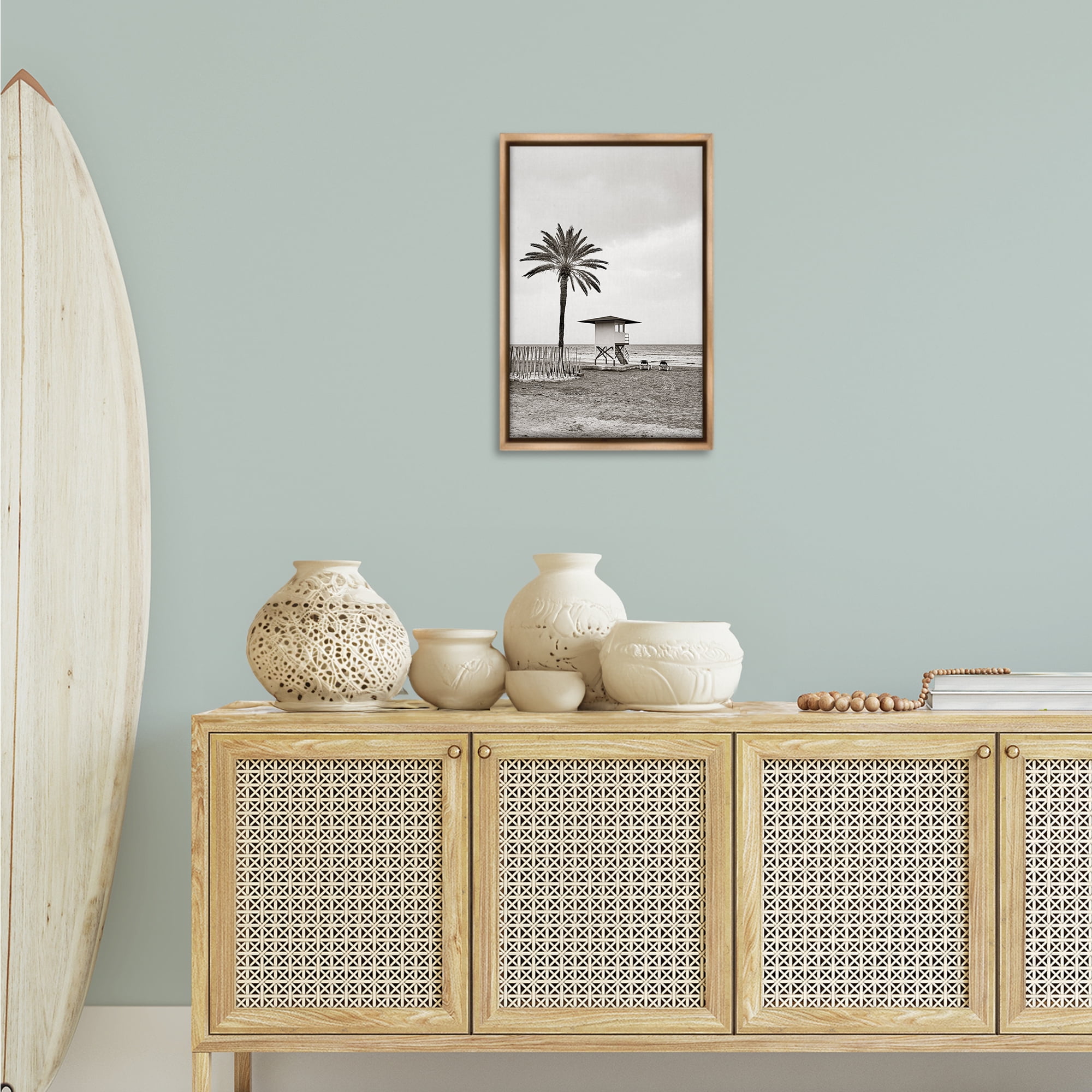 Stupell Industries Lifeguard Tower & Palm Landscape & Nature Photography Brown Floater Framed Canvas Art Print Wall Art, 17 x 25