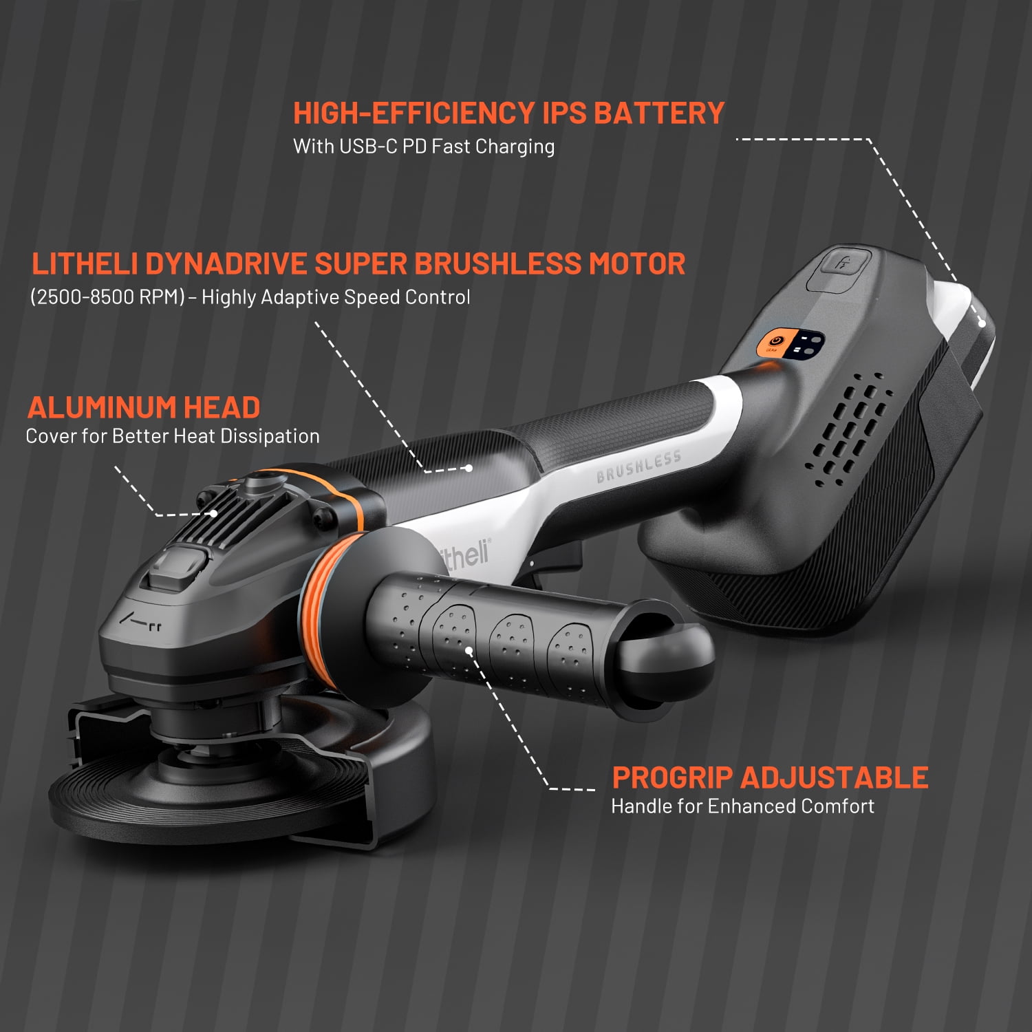 Litheli 20V Cordless Angle Grinder, 4.9″ Grinders Power Tools, Battery Cut-Off Tool, with 8500RPM Brushless Motor and 4.0 Ah Battery