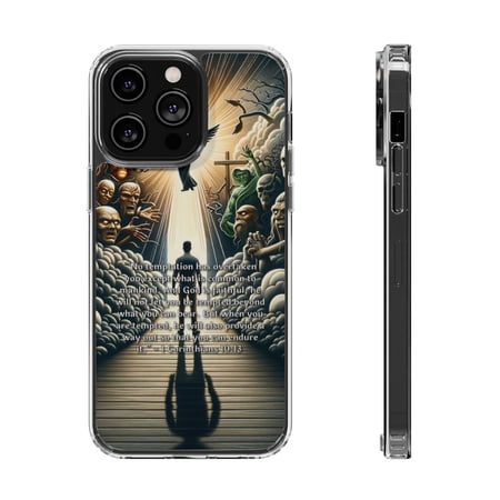 DistinctInk Clear Hybrid Case for Apple iPhone 14 Pro Max (6.7" Screen) - God's Faithfulness in Temptation - Tempered Glass Back