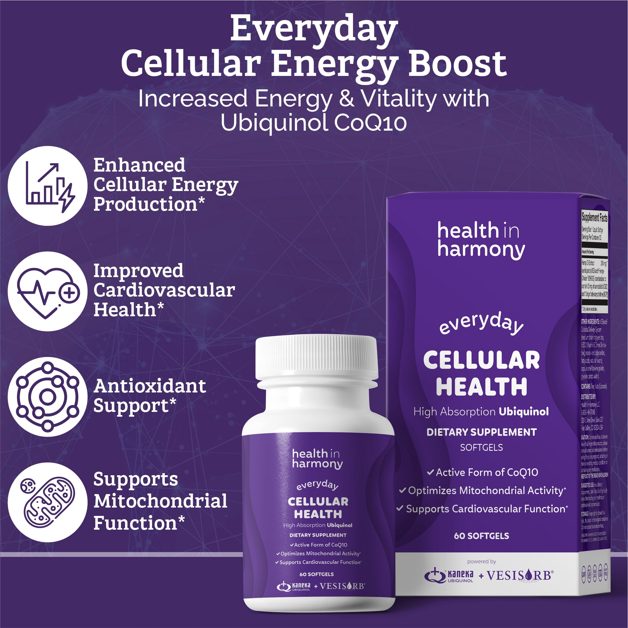 Health in Harmony Everyday Cellular Health Supplement Ubiquinol CoQ10 with  VESIsorb® for Absorption, 60 Count