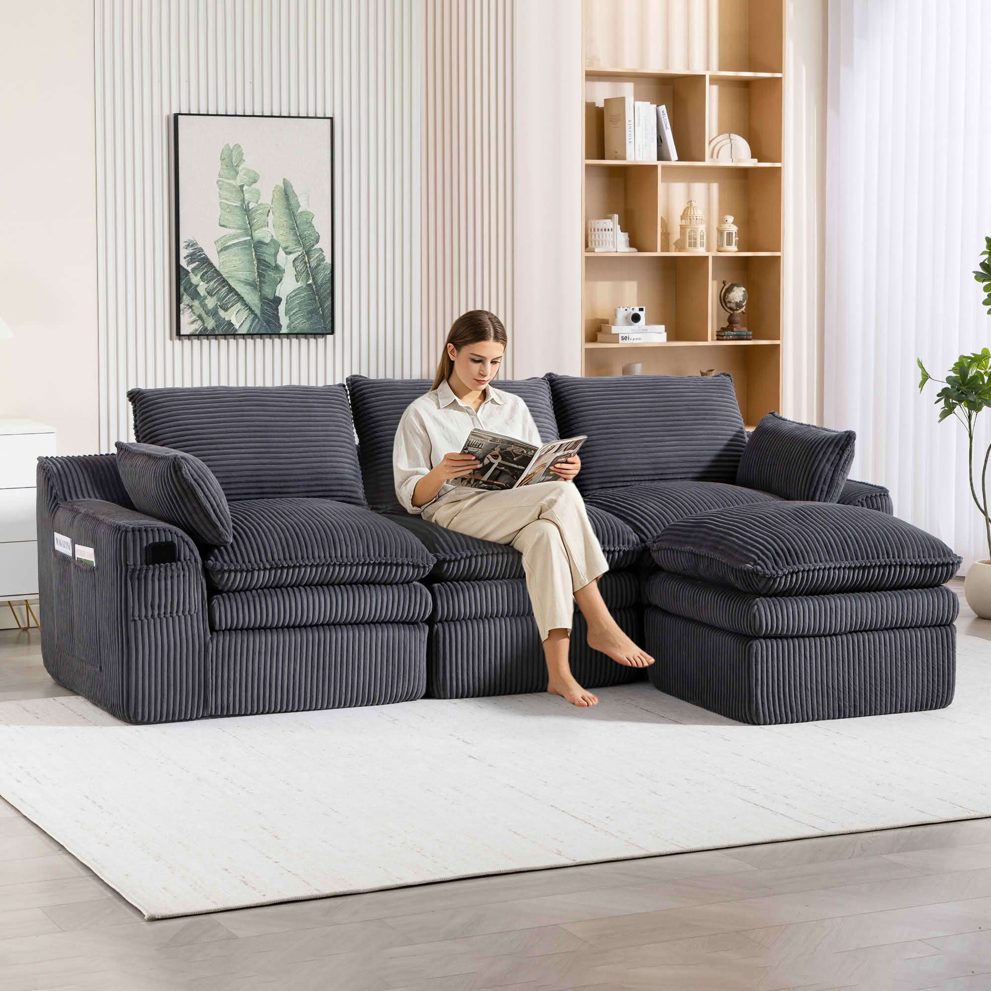 MAYEERTY Modular L Shape Corduroy Sectional Sofa, Compressed Boneless Cloud Couch with Footstool & Pillows for Small Living Space