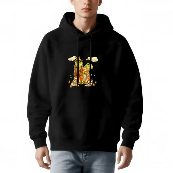 Men's Long Sleeve Hoodie Pullover Sweatshirt with Cartoon Frog Riding Bicycle Design Front Pocket Drawstrings Fun & Unique Style