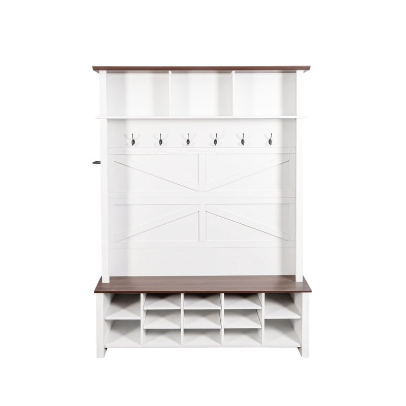 Farmhouse 4-in-1 Hall Tree with 6 Hooks, Entryway Bench with 16 Open Compartments, Wooden Style Rustic Coat Rack with Shelves for Mudroom, Living Room