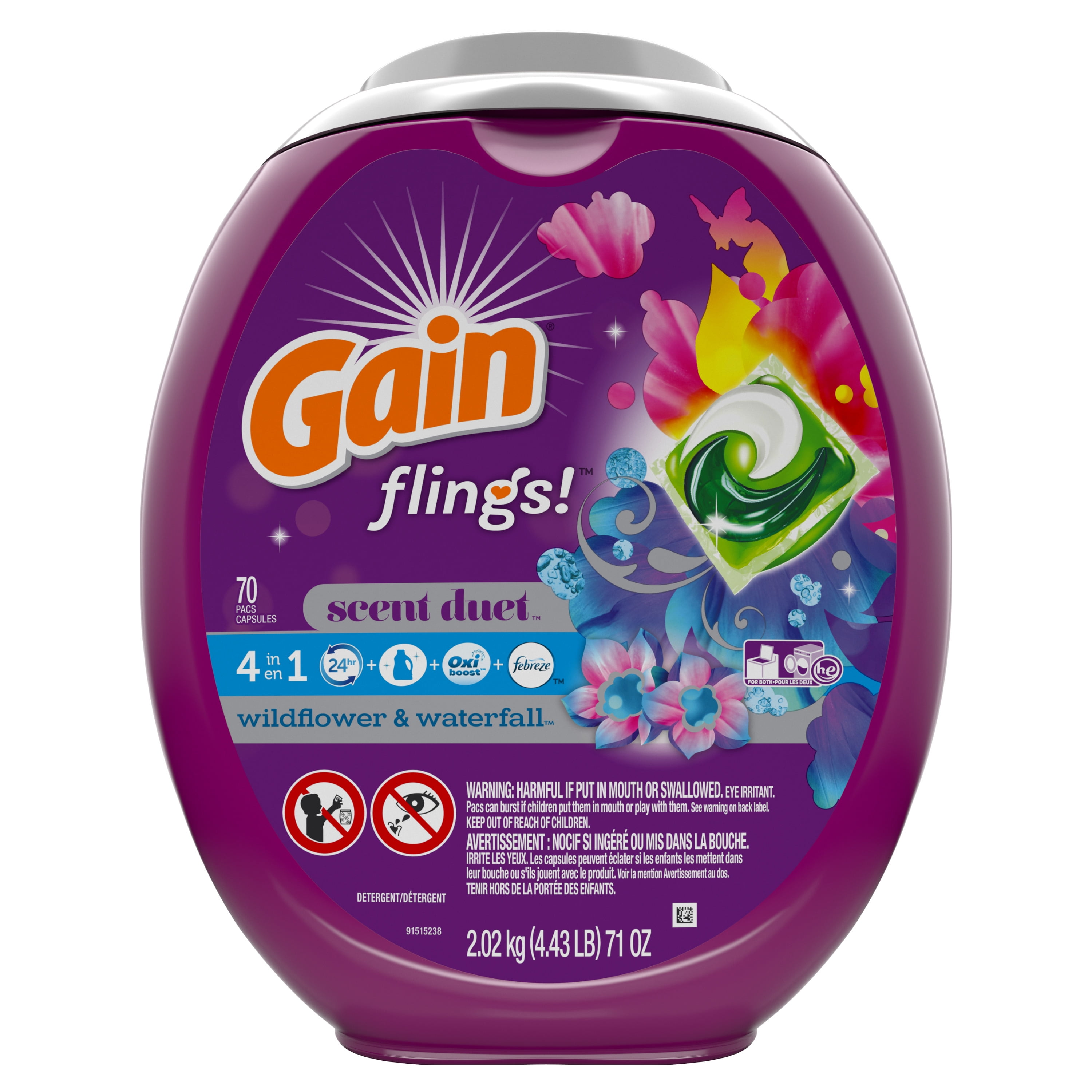 Gain Flings Wildflower & Waterfall, Laundry Detergent Pacs, 70 ct