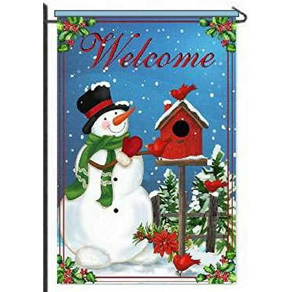 Snowman & Cardinals Welcome Garden Flag - 12" x 18", Christmas