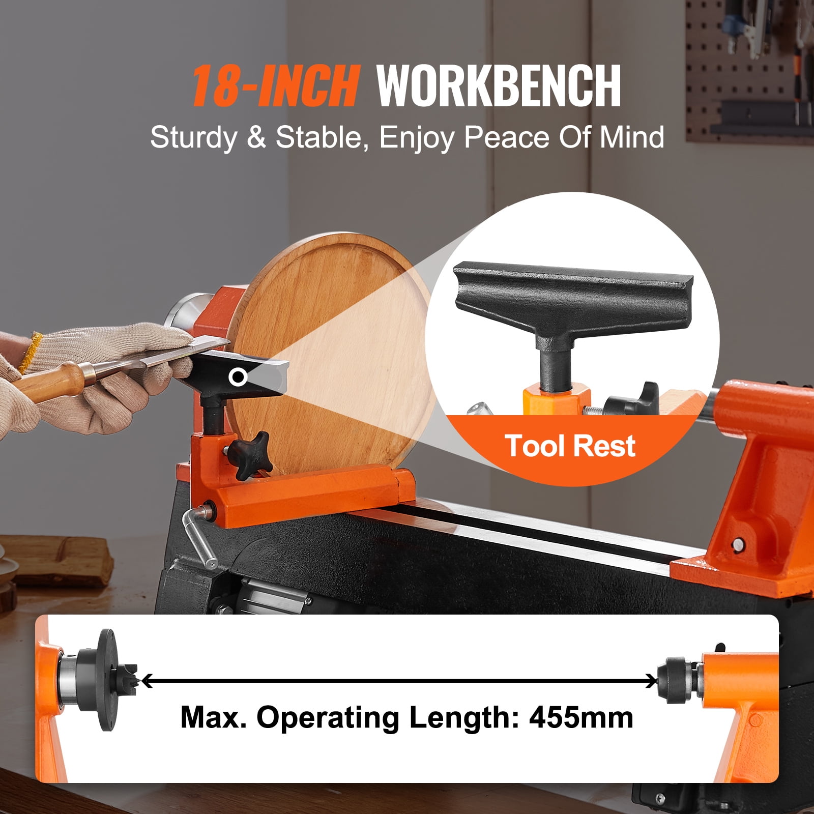 SKYSHALO 10 in x 18 in 0.5 HP 370W Benchtop Wood Lathe Power Wood Turning Lathe