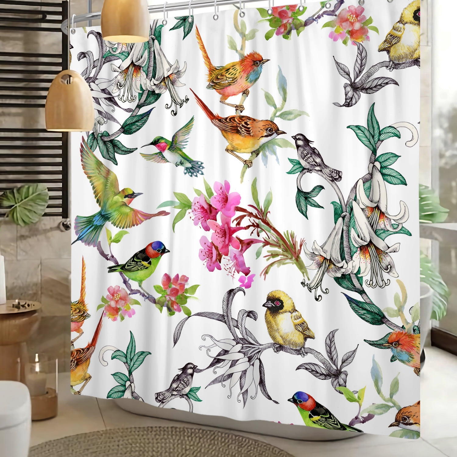 Mizhona Plant Bird Shower Curtain Watercolor Colorful for Bathroom Waterproof Polyester Funny Pretty Decor with Hooks 72"x78"