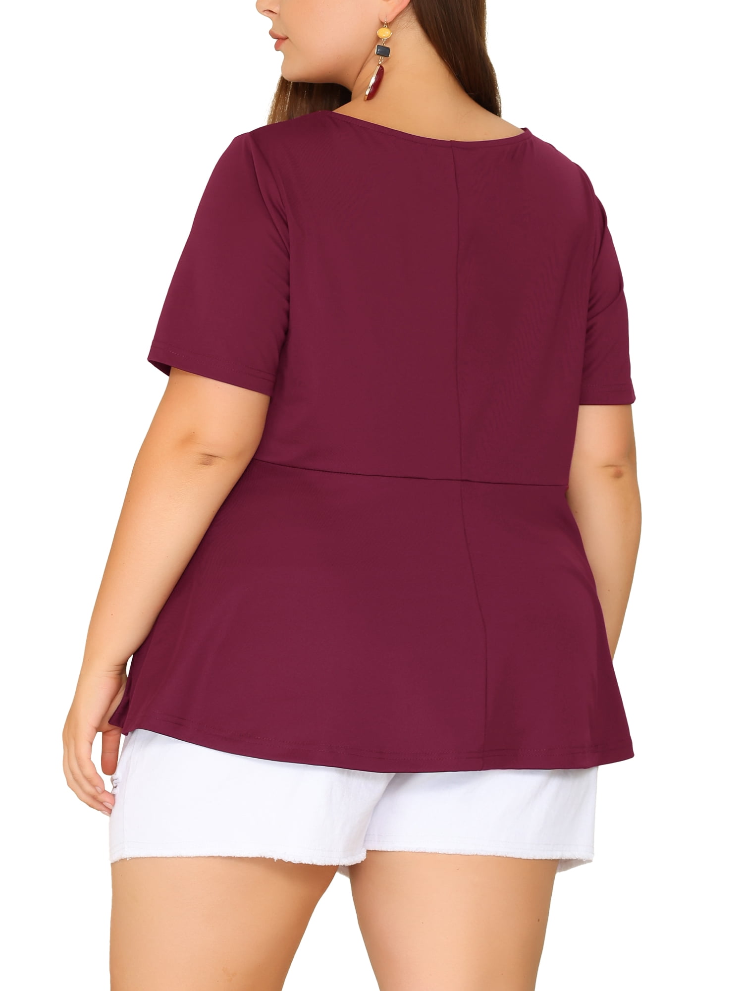 Unique Bargains Women's Plus Size Short Sleeve Solid Outfits Fashion Wrap Peplum Tops 1X Burgundy