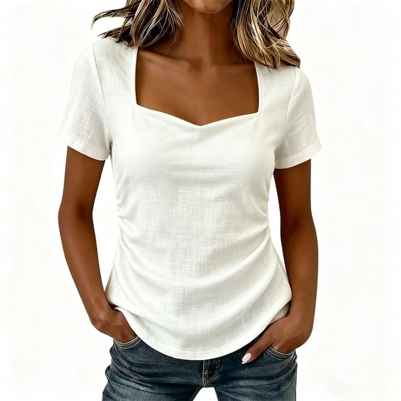 YUGYXL Women's Sweetheart Neck Short Sleeve Shirts Slim Fit Ruched Tops Going Out Y2K Cute Summer T-Shirts Tees White Top L