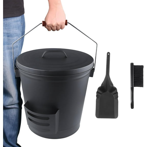 Ash Bucket with Lid and Shovel Hand Broom, 5.15 Gallon Large Galvanized Iron Metal Fireplace Tools Ash Pail for Fire Places Fire Pits Wood Burning Stoves Hearth Accessories Indoor Outdoor, Black