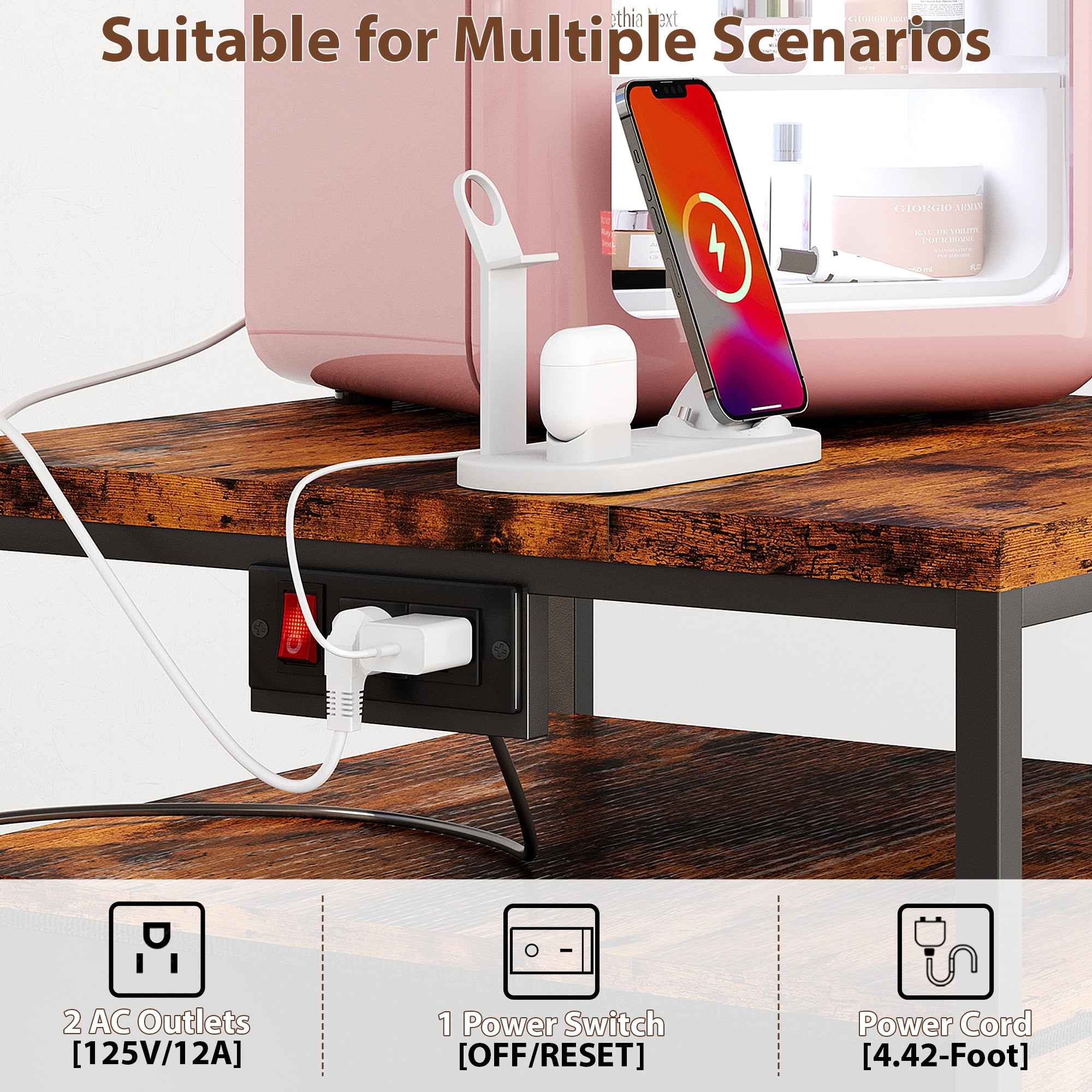 Mini Fridge Stand with Drawer Storage and Power Outlet, Heavy Duty Mobile Mini Fridge Shelf with Wheels, Beverage Refrigerator Table Stand,Brown