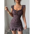 thumbnail image 7 of Brown Off-Shoulder Ruffle Hem Polka Dot Fitted Mini Dress With Tie Front And Smocked Waist, 7 of 7