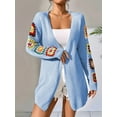 thumbnail image 6 of 2025 Boho Floral Pattern Crochet Open Front Long Sleeve Casual Knit Cardigan Sweater  Blue M, 6 of 7