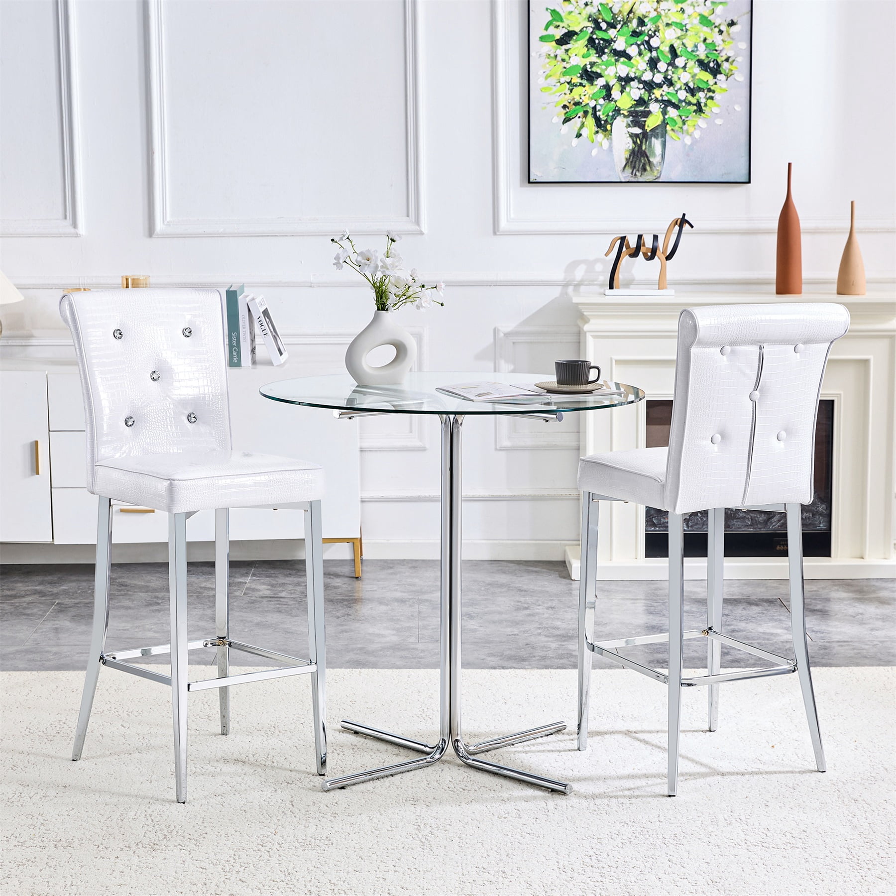 Alvantor Bar Stools Set of 2 Vintage Leather Bar Stools with Crystal Clasp Counter Stool Chairs for Kitchen Island White