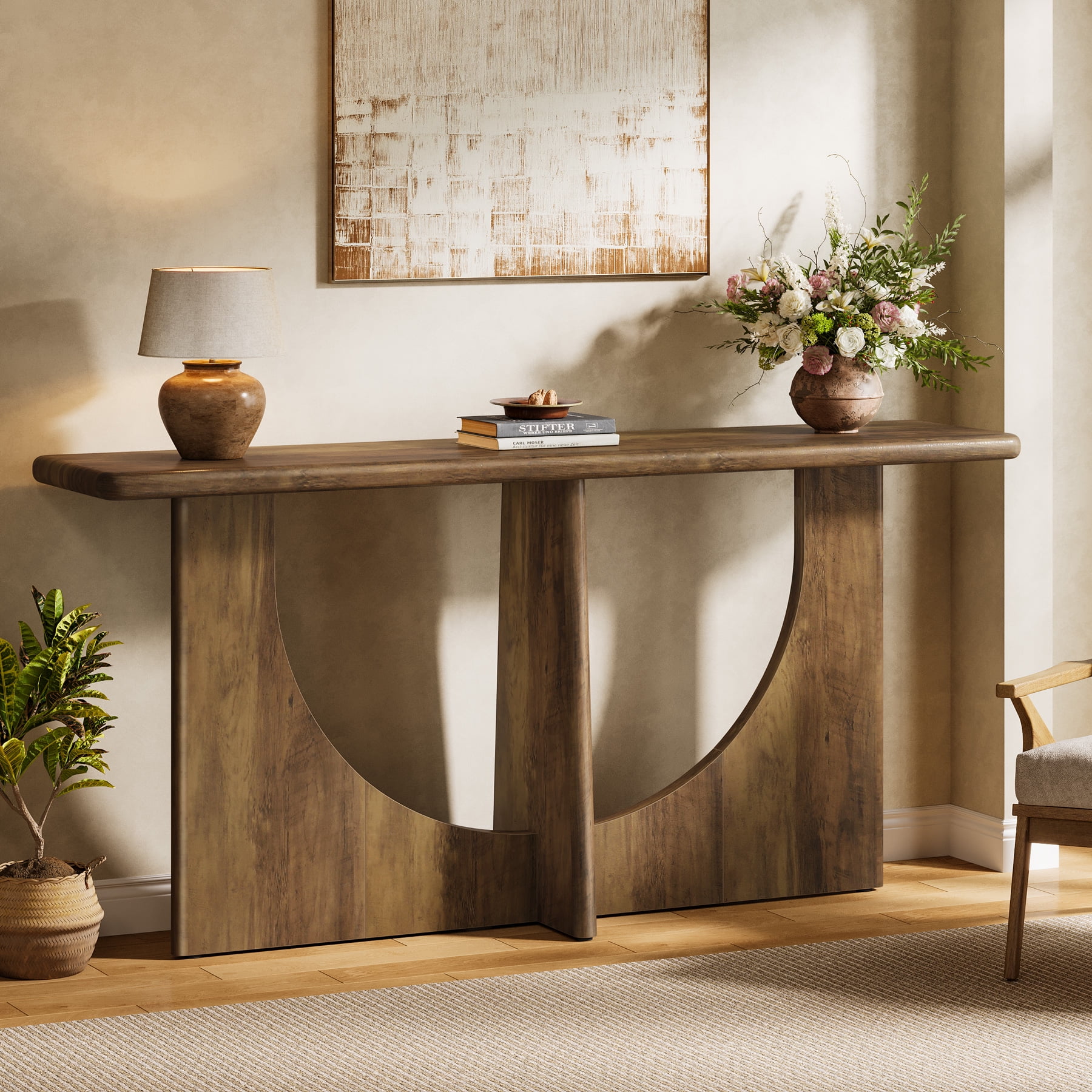 Finmind 71-inch Console Table for Entryway, Farmhouse Entryway Table with Sturdy Geometric Frame and Rounded Corner, Rustic Brown