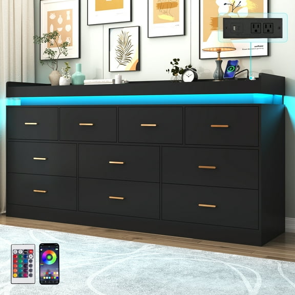 ChVans 10 Drawer Dresser with LED Lights and Charging Station, 70" Wide wood Chest of Drawers and Metal Handles, 39.8" Tall drawers dresser for bedroom, Living Room, Entryway, Hallway