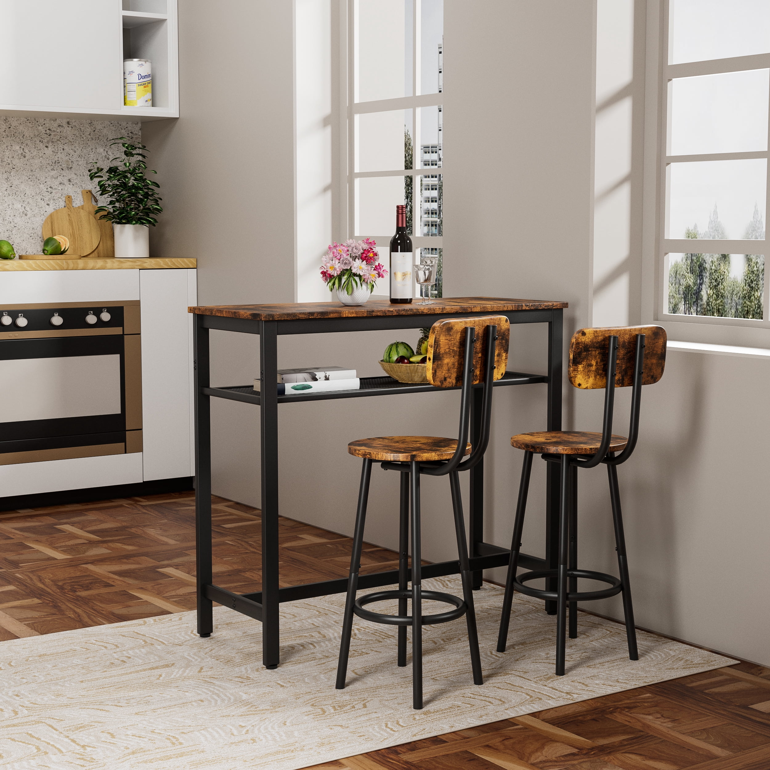 3-Piece Bar Table Set,Bistro Kitchen Table Sets with Metal Frame & Storage Rack,Modern Counter Height Table with 2 Stools for Kitchen, Dining Room, Living Room,