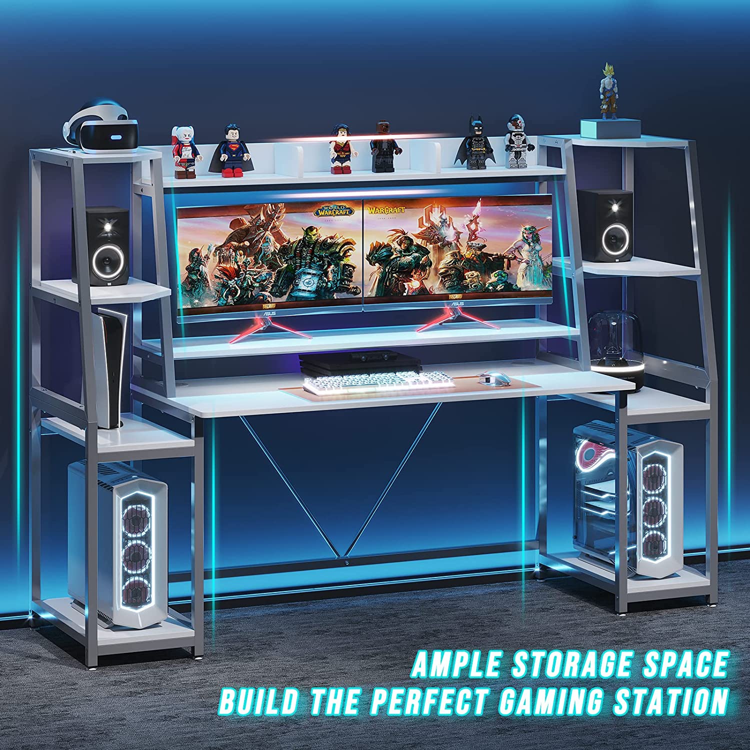 LED Lights Computer Gaming Desk with Hutch 78.8'' Ergonomic W hite