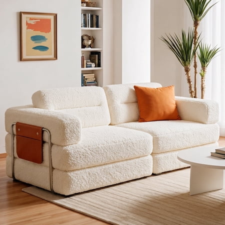 Pinmoco 81.5" Convertible Sofa Bed, Modular Sectional Sleeper Sofa for Living Room, Foldable Couch Bed with Pillows and Storage, No Assembly Required, Teddy Fleece Beige